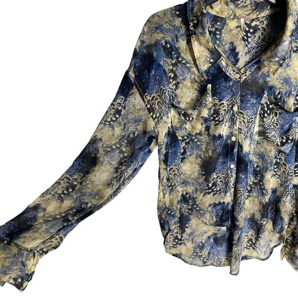 Free People Blouse XS Blue Beige Easy Rider Sheer Chiffon Button Up Top Boho - Picture 3 of 7